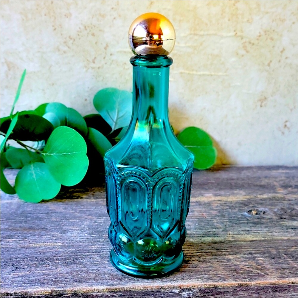 Vintage AVON Bottle Empty, Turquoise Glass with Moon and Star Design